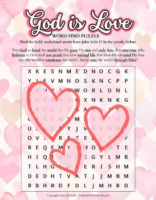 John 3:16-17 Word Search Puzzle for Kids | God’s Love Bible Find Activity | Valentine’s Sunday School Printable | Christian Classroom Game image 1